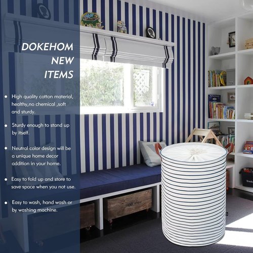 DOKEHOM 20-Inch Freestanding Laundry Basket - Collapsible Drawstring Hamper with Lid & Handle | Blue Stripe