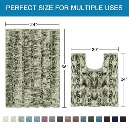 H.VERSAILTEX Bathroom Rug Sets 2 Piece Bath Mats Non Slip Thick Soft Chenille Striped Bath Rug achine Washable Shower Floor Rugs for Tub, Shower and Floor (Eucalyptus Green, 36"x24" Plus 20"x24" U)