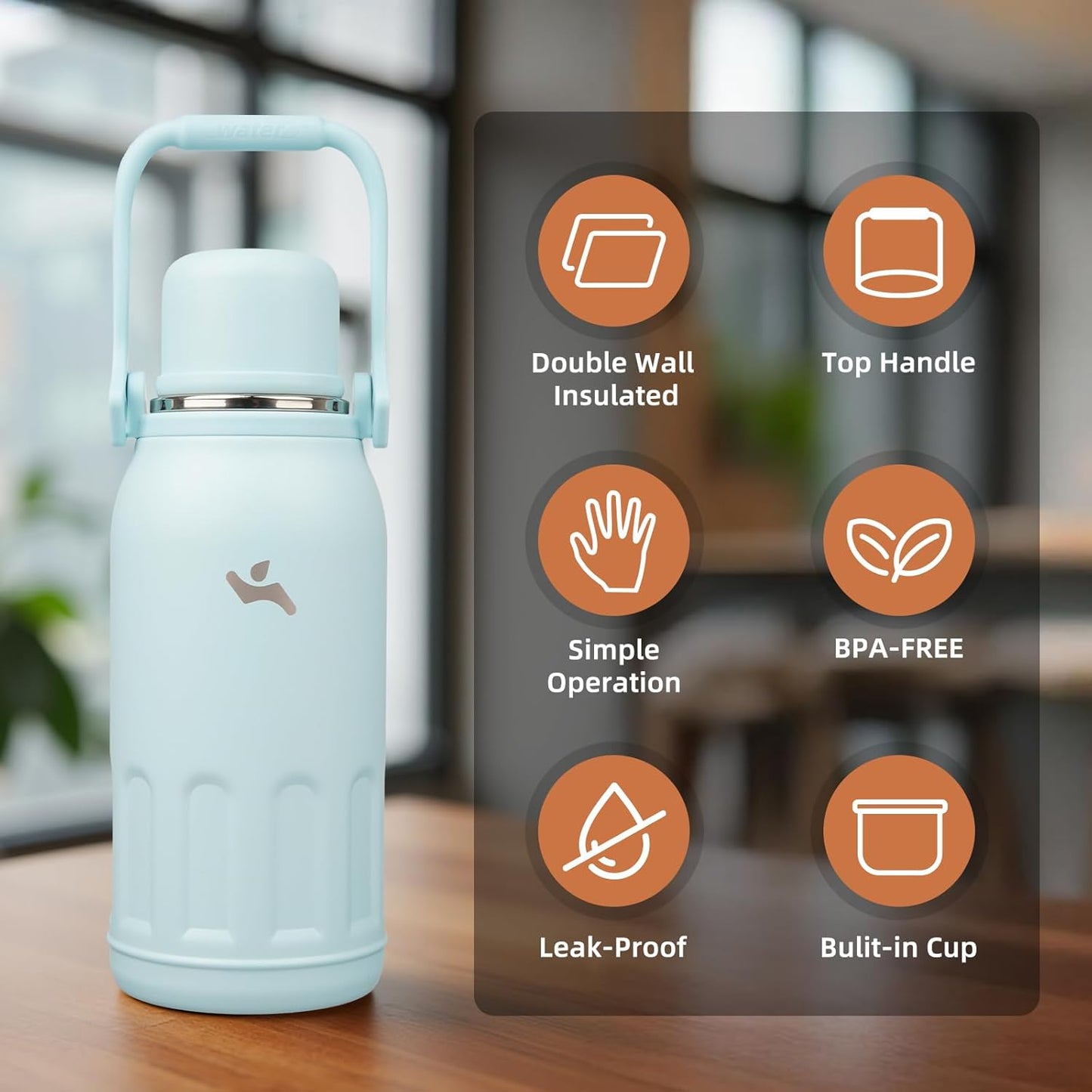 Skiennix Insulated Water Bottle - 40 Oz Vacuum Travel Tumbler with Handle & Strap | Cyan Blue