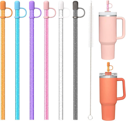 Skiennix Reusable Drinking Straws - 6 Color Replacement Straws with Caps & Cleaning Brush for Stanley Cup Tumbler