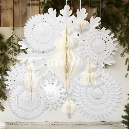 Snowflake and Honeycomb Christmas Decor Kit – 28 Pcs White Winter Wonderland