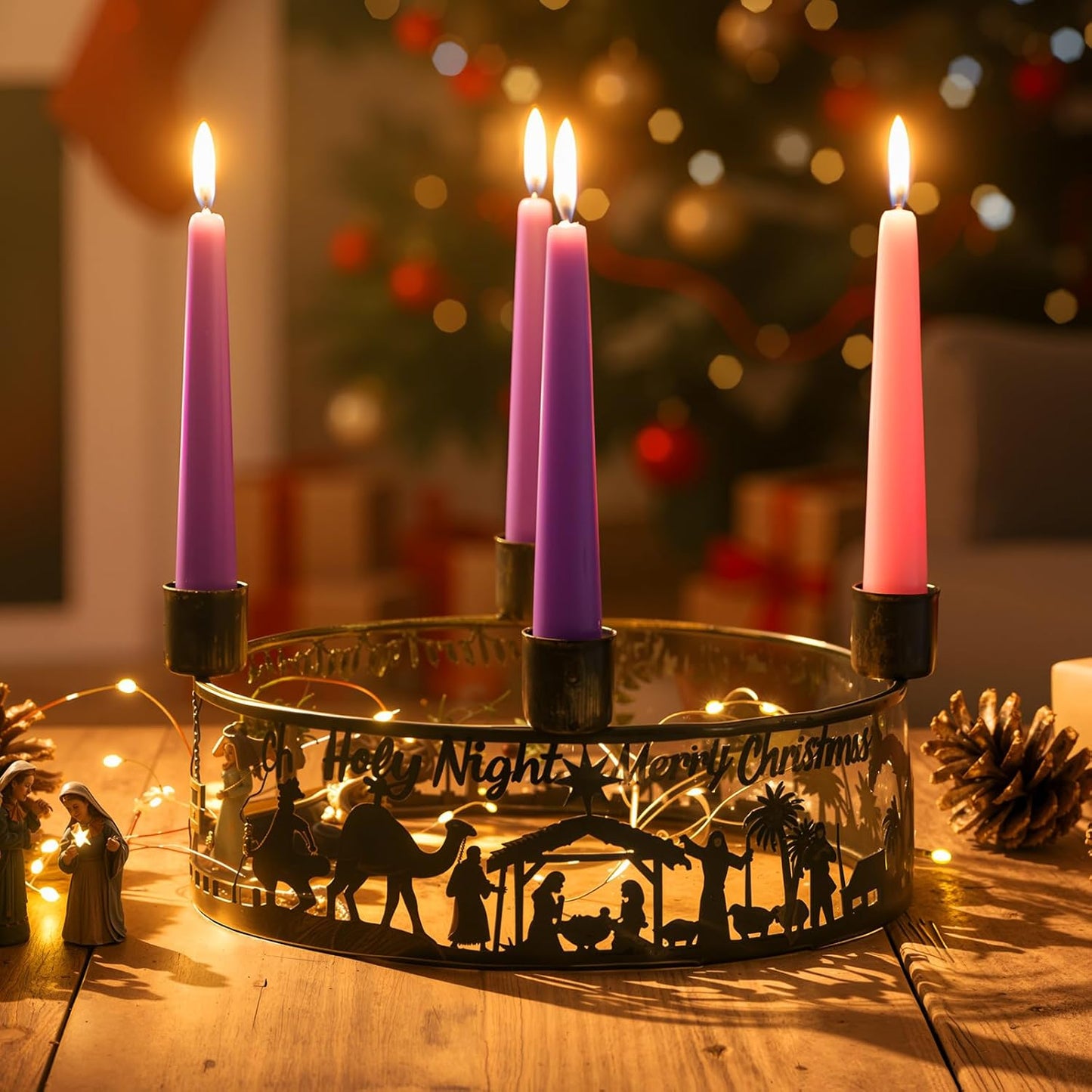 Blulu Advent Wreath Candle Holder - Rustic Nativity Scene Metal Jesus Set | Christmas Centerpiece Decor