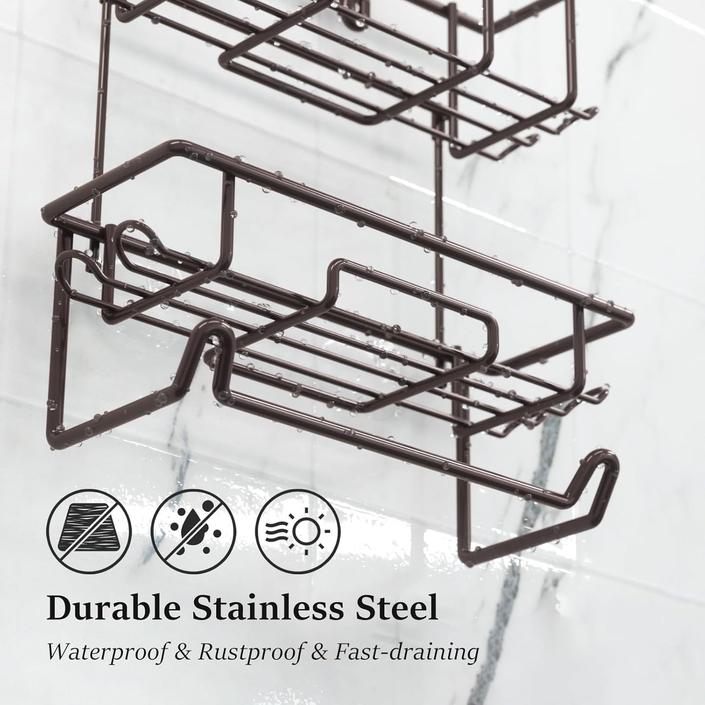 Rustic Bronze Shower Caddy by [Brand Name] - Overhead Organizer with 10 Hooks & Towel Bar for Bathroom Storage