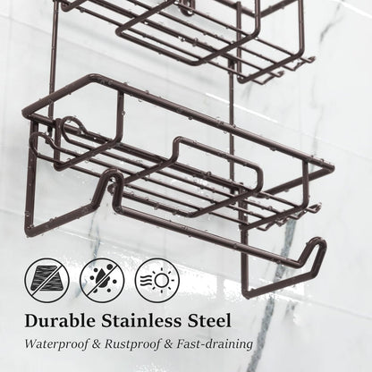 Rustic Bronze Shower Caddy by [Brand Name] - Overhead Organizer with 10 Hooks & Towel Bar for Bathroom Storage