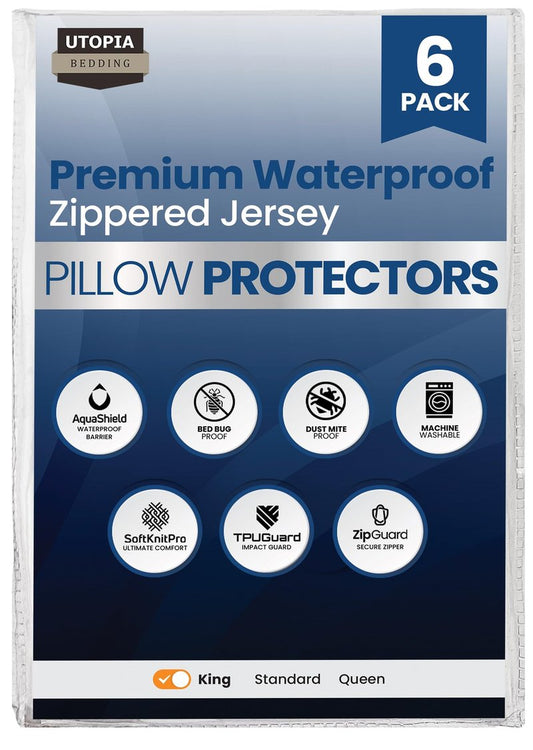 Set of 6 Pillow Protectors with Zipper King Size, Bed Bug and Dust Mite Proof Pillow Covers, Ultra Soft Pillow Encasements, Moisture Wicking and Waterproof Pillow Cases by Utopia Bedding (White)