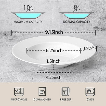 Artena Pasta Bowls Set of 4 - Elegant White Porcelain Wide Rim Soup & Salad Bowls | Microwave & Dishwasher Safe