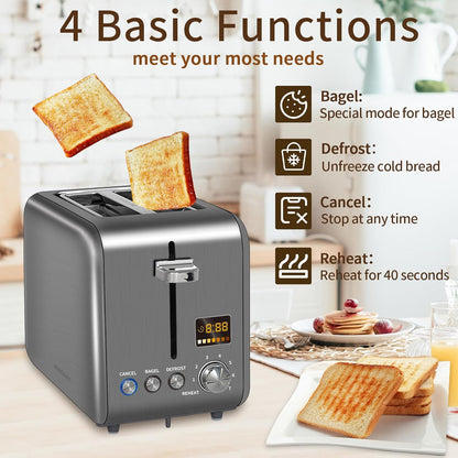 SEEDEEM 2-Slice Stainless Steel Toaster - LCD Display, 7 Shade Settings, 1.4'' Wide Slots, Dark Metallic