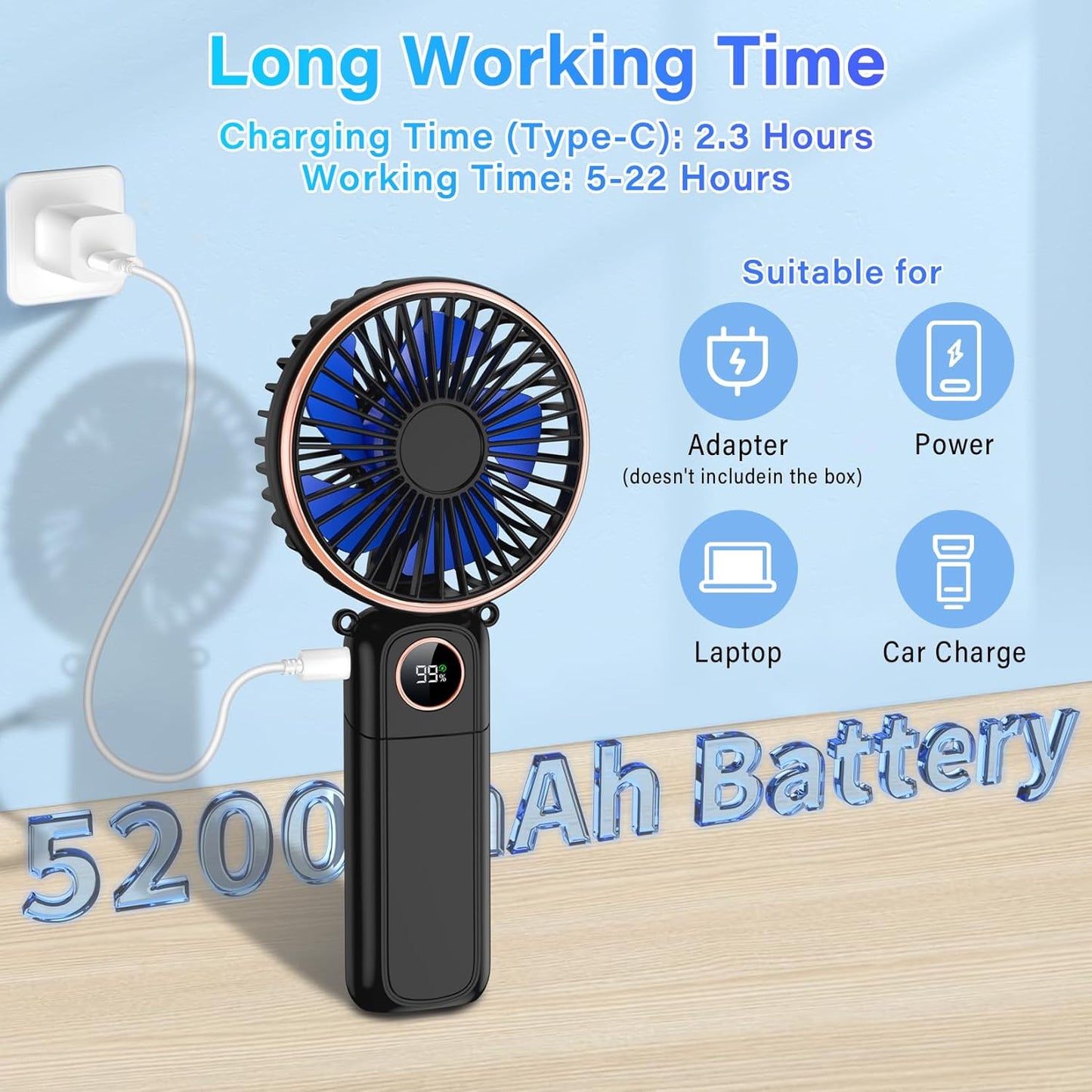 Skiennix Portable Handheld Fan - USB Rechargeable, 5200mAh Battery, 6 Speeds, LED Display, Perfect for Travel & Outdoor Use