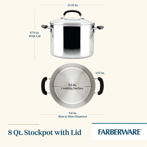 Farberware Brilliance 8 Quart Stainless Steel Stockpot - Induction Ready with Glass Lid, Dishwasher Safe