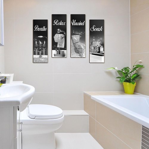 Honoson Bathroom Decor Wall Art - 4 Pcs Farmhouse Signs for Soaking, Unwinding, and Relaxing | Black & Silver