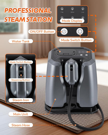 2200W Professional Steam Station by [Brand Name] - Dual Rapid Heat System & 1.2L Tank for 65 Mins of Steam | Silver-Grey Clothing Iron with Auto Shut-Off