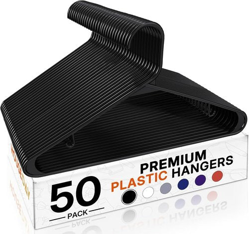 HOUSE DAY Black Plastic Hangers - Durable 50-Pack Space-Saving Clothes Hangers for Closet Organization