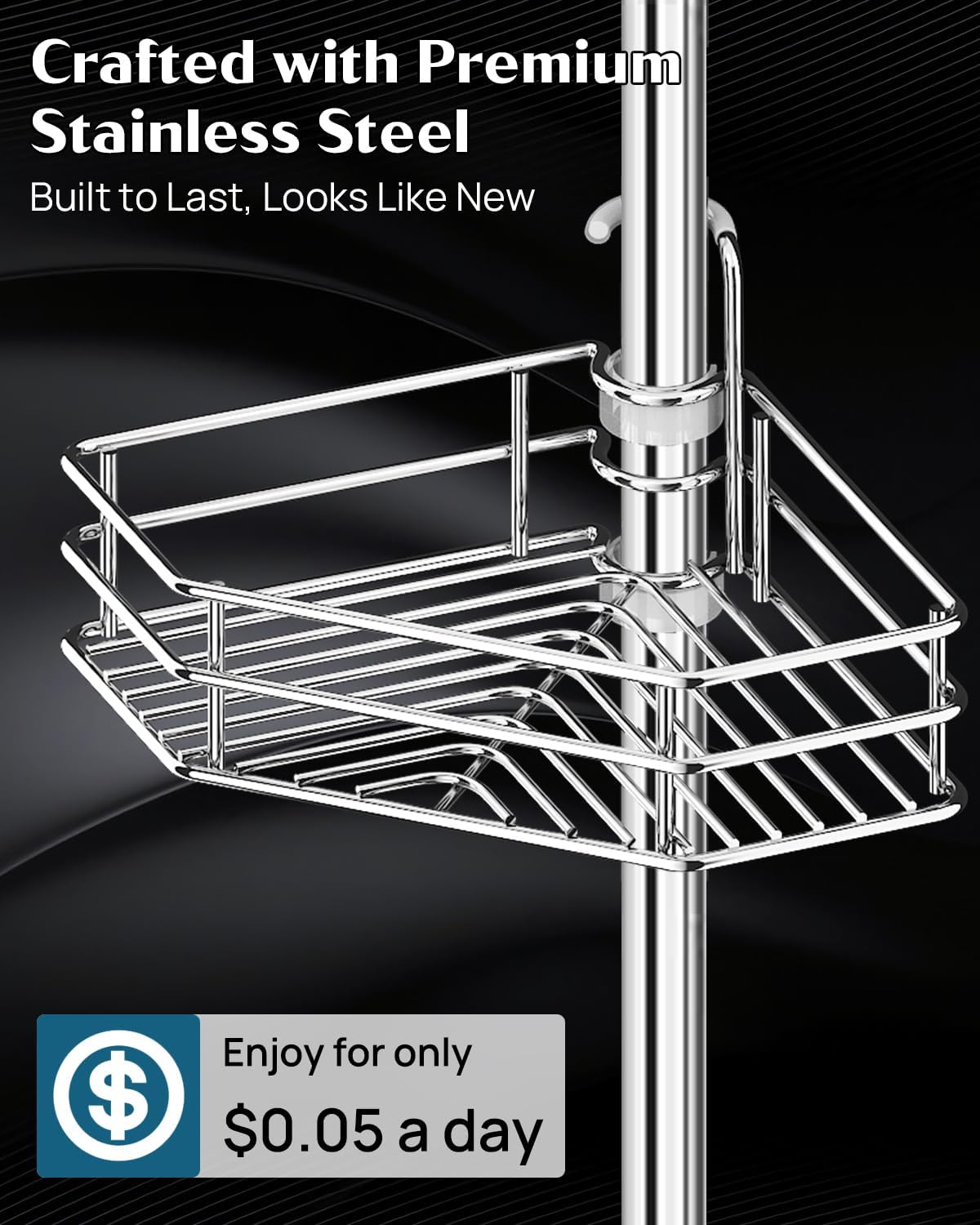 SEIRIONE Corner Shower Caddy - Rust-Free Tension Pole Organizer | 4-Tier Adjustable Shelf, Fits 34-116 Inch Height, Silver