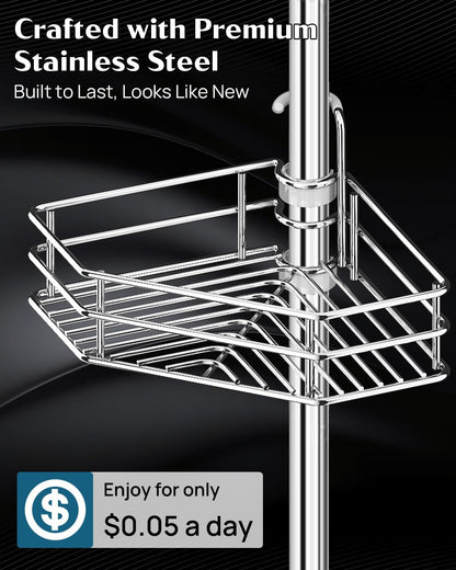 SEIRIONE Corner Shower Caddy - Rust-Free Tension Pole Organizer | 4-Tier Adjustable Shelf, Fits 34-116 Inch Height, Silver