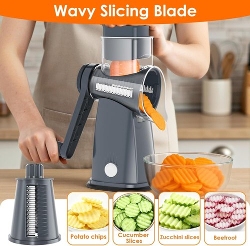 5 Blade Rotary Cheese Grater by [Brand Name] - Hand Crank Vegetable Chopper with Storage Box | Easy to Use, Non-Slip Suction Base, Gray