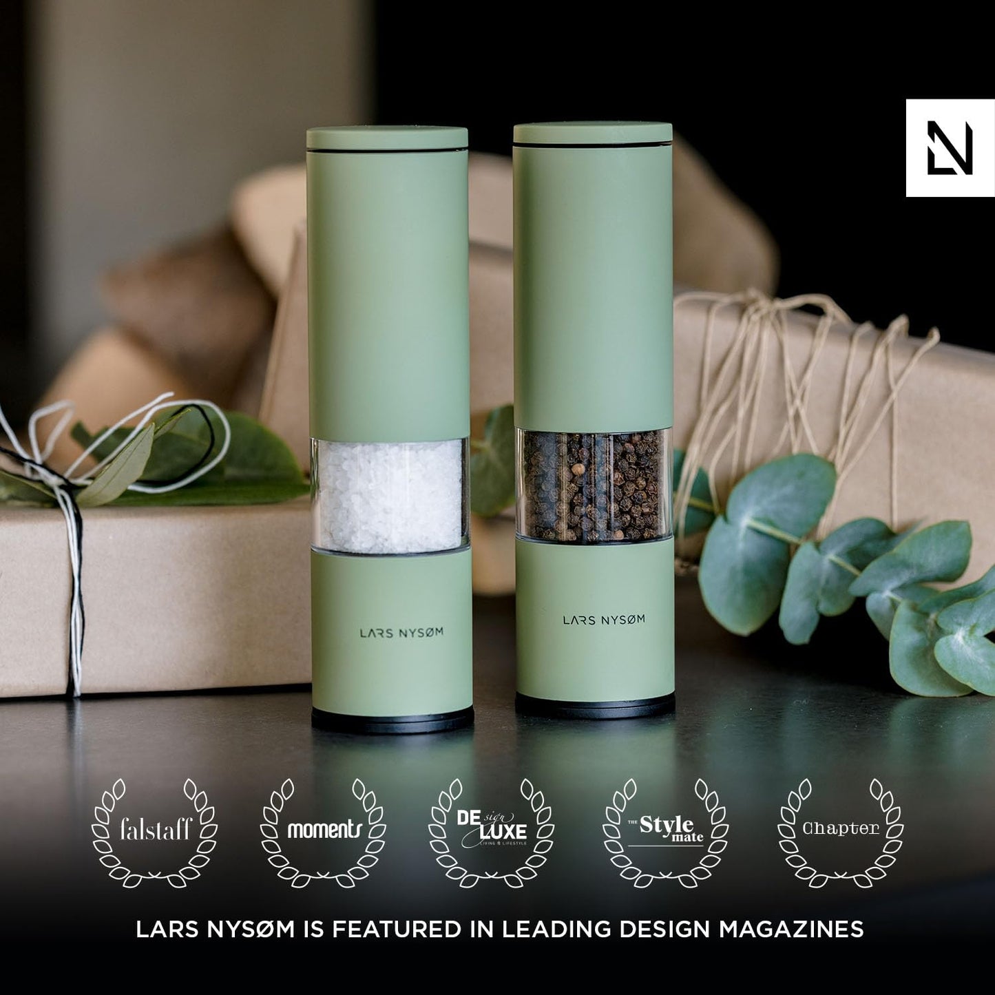 LARS NYSØM Salt and Pepper Grinder Set 2 pieces I Salt Pepper Mill with Adjustable Ceramic Grinder I Design Spice Grinder Set Manual (Stone Blue)