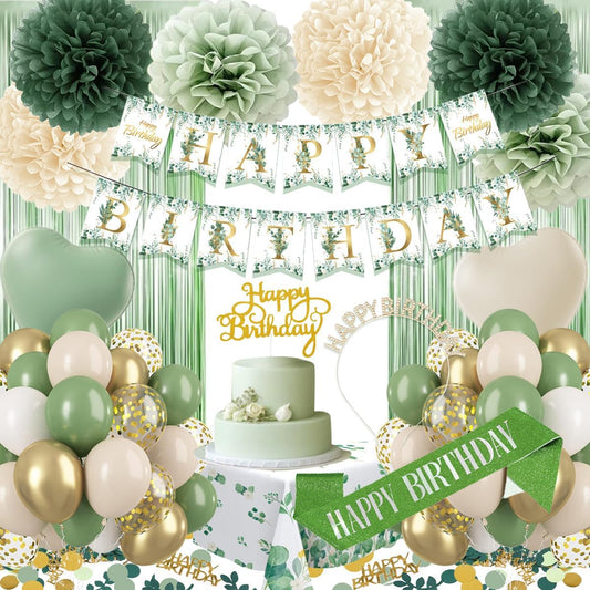 Sage Green Birthday Decorations Set - Balloons, Banner, Pom Poms & Crown for Boho Parties