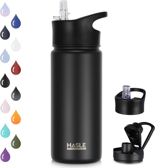 HASLE OUTFITTERS Insulated Water Bottle - 16 oz Double Wall Stainless Steel | Leak Proof, Wide Mouth, Black