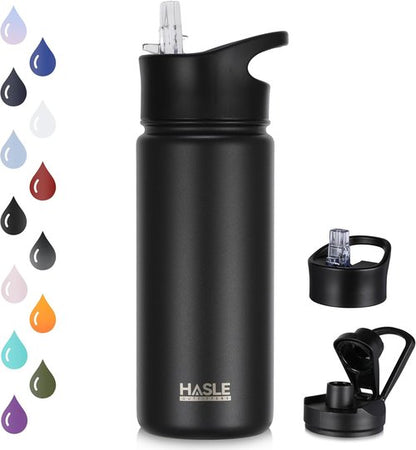 HASLE OUTFITTERS Insulated Water Bottle - 16 oz Double Wall Stainless Steel | Leak Proof, Wide Mouth, Black