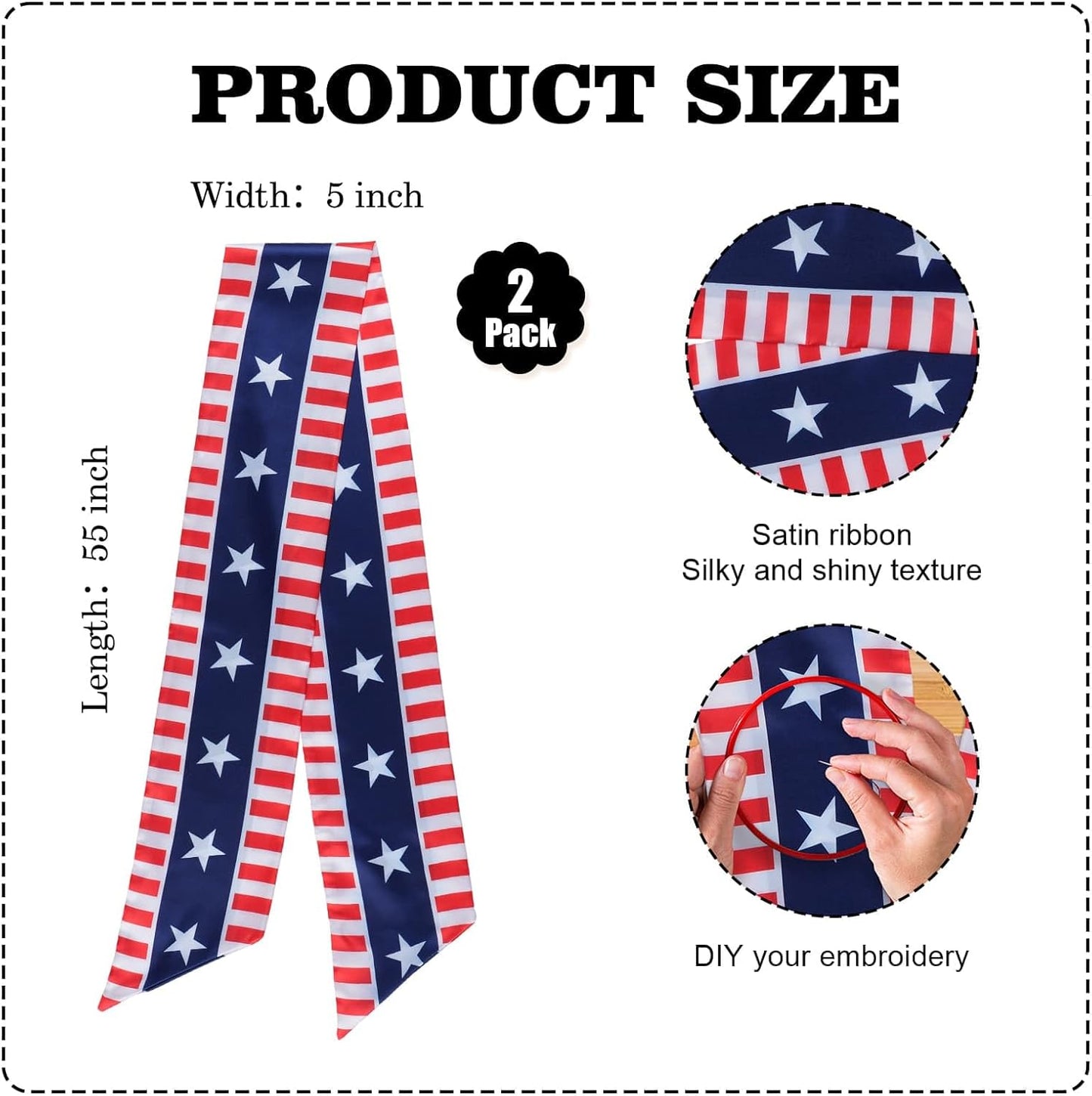 YKW Patriotic Wreath Sash - Premium Cotton Linen, 5" W x 56" L, Red White Blue Stars & Stripes for 4th of July Decor