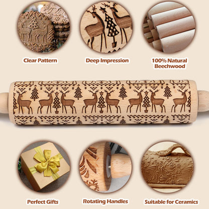 Embossed Rolling Pin for Baking Cookies Christmas Embossing Rolling Pins with Design Wooden Engraved Springerle Roller Pin Animal Dough Patterned Clay Pottery Ceramic Bakers Women (Reindeer & Tree)