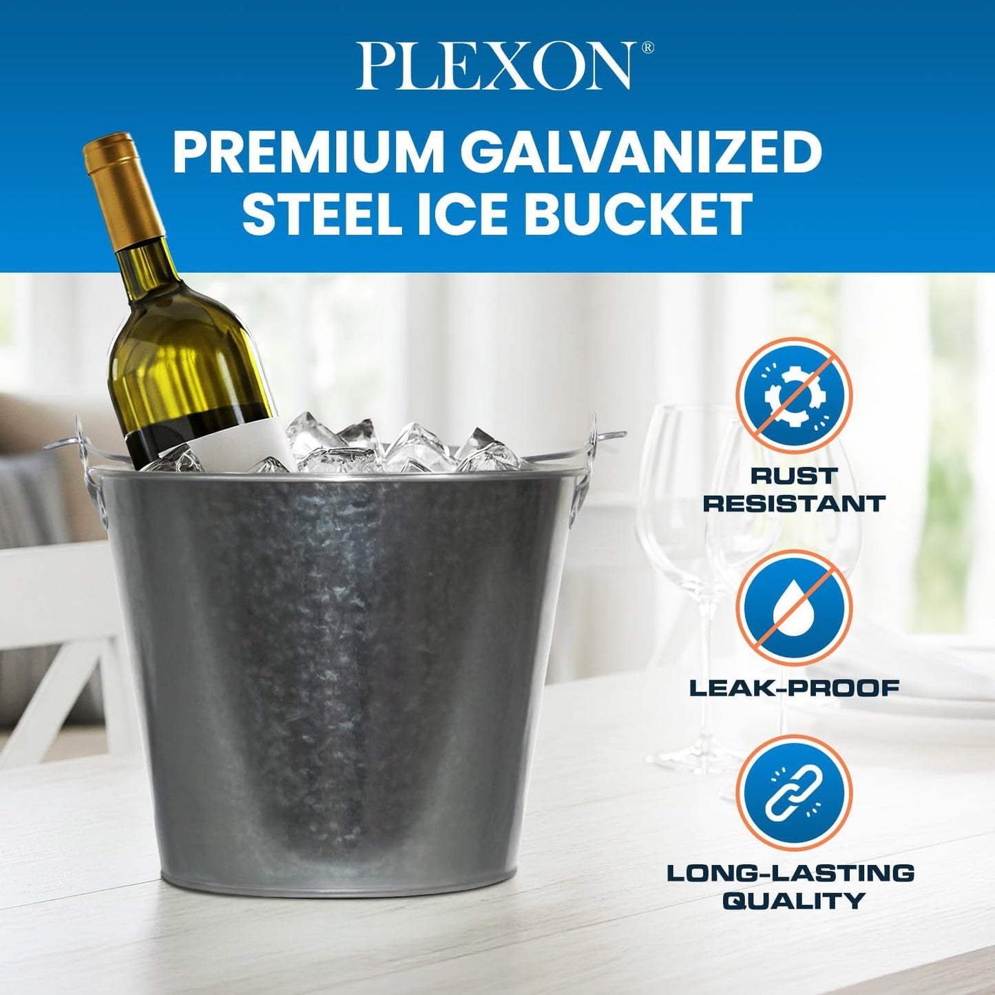 PLEXON Metal Ice Bucket for Parties Coctail Bar Restaurant - Drink Beer Champagne Metal Pail Bucket with Handle, Beverage Chiller, Galvanized Steel, 1.3 Gallon, Set of 3