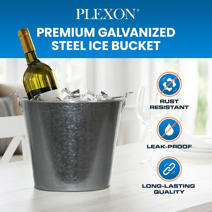 PLEXON Metal Ice Bucket for Parties Coctail Bar Restaurant - Drink Beer Champagne Metal Pail Bucket with Handle, Beverage Chiller, Galvanized Steel, 1.3 Gallon, Set of 3