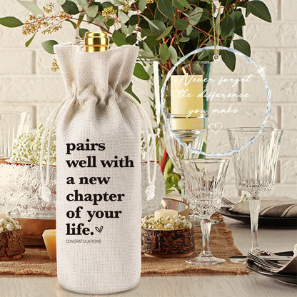 XFW Funny New Chapter Wine Bag New Beginnings Gifts for Women Men Thank You Gift for Teacher Employee Coworker Friend Never Forget The Difference You Make Hanging Ornament