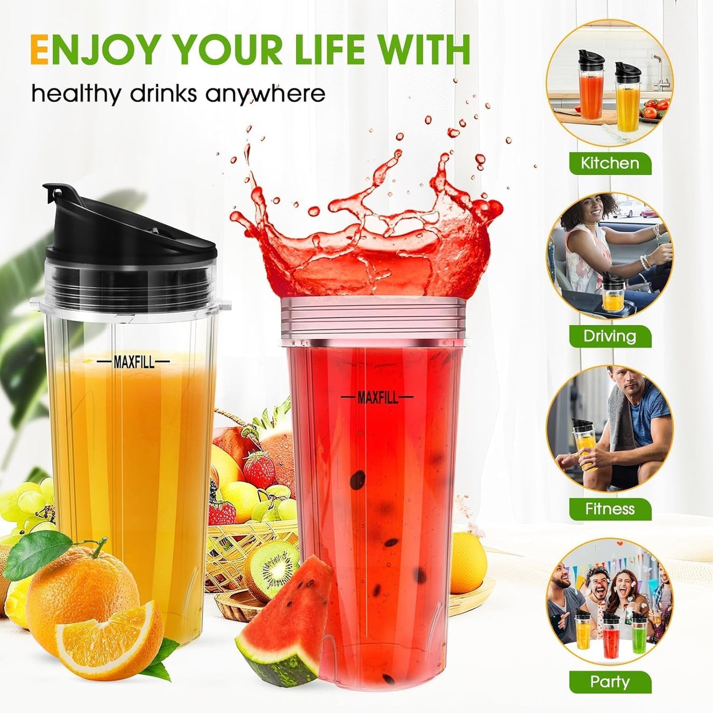 Ninja Blender Cups - 3 Pack 16oz Replacement Cups with Lids for Ninja QB3001SS & Nutri Ninja Series