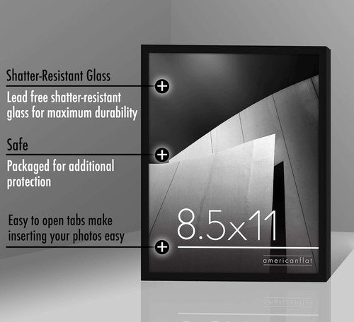 Americanflat 8.5x11 Picture Frame - Shatter-Resistant Glass - Thin Border for Tabletop & Wall Display - Black