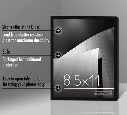 Americanflat 8.5x11 Picture Frame - Shatter-Resistant Glass - Thin Border for Tabletop & Wall Display - Black