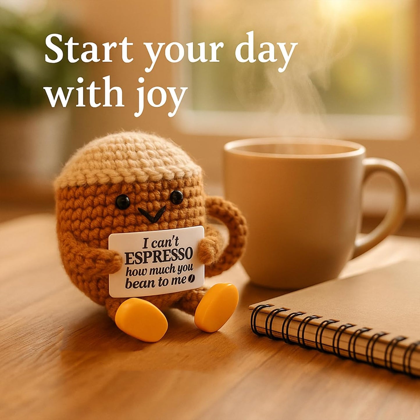 Regine Switzerland Positive Crochet Coffee Cup | Cute Desk Decor Gift for Coffee Lovers - Perfect for Him & Her