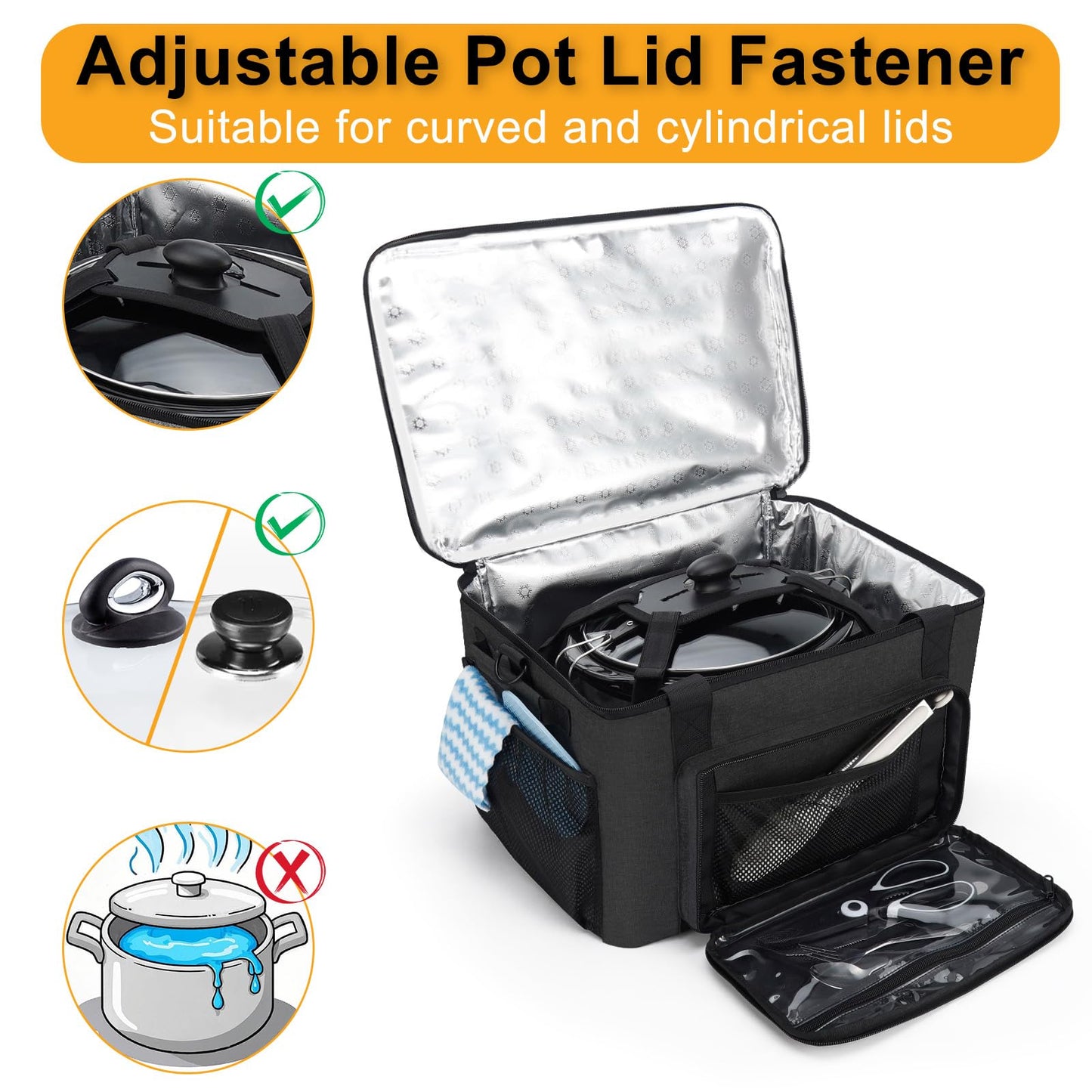 Wigojoy Slow Cooker Carrying Bag, Double Layer Insulated Design Slow Cooker Carrier with Removable Hard Liner and Pot Lid Fastener for 6-8 Quart Crock Pot, Black