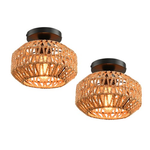 IHENGYANLT 2 Pack Farmhouse Light Fixtures Ceiling Mount,Mini Rattan Boho Semi Flush Mount Ceiling Light,Hand Woven Hallway Light Fixtures for Bedroom Entryway Nursery Study Room