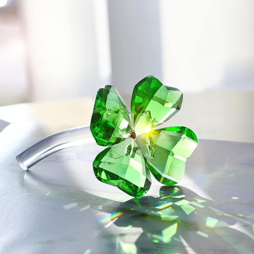 HDCRYSTALGIFTS Crystal Flower Dreams - 4'' Four Leaf Clover Figurine | Green Glass Lucky Ornament for Home Decor