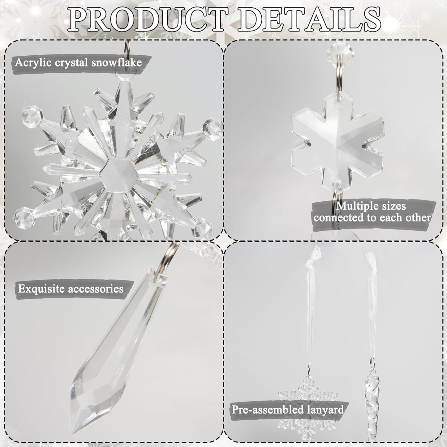 Skiennix 18pcs Crystal Christmas Ornaments - Hanging Acrylic Snowflake Icicle Decor for Winter Wonderland