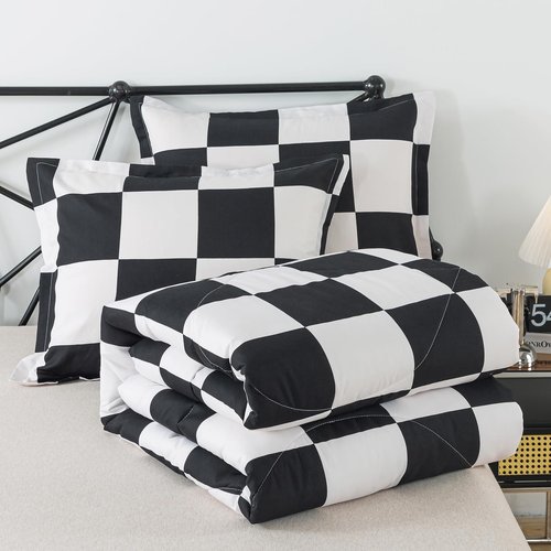 Caressma Black White Plaid Comforter Set King Size, Buffalo Check Plaid Comforter Bedding Set for All Seasons, Farmhouse Soft Microfiber Comforter with Pillowshams