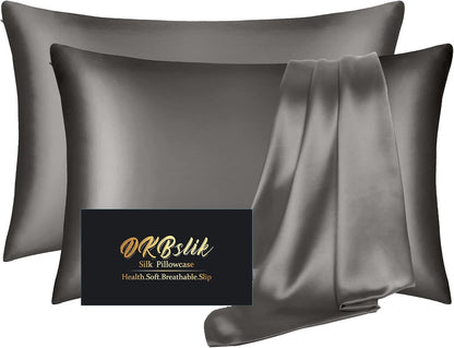 Skiennix Mulberry Silk Pillowcase Set - Anti-Acne & Hair Care | Queen Size, Dark Gray, 2 Pack
