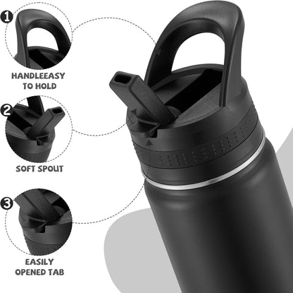 Skiennix Stainless Steel Kids Water Bottle - Insulated, Leak-Proof, BPA-Free | 14 Oz, Black