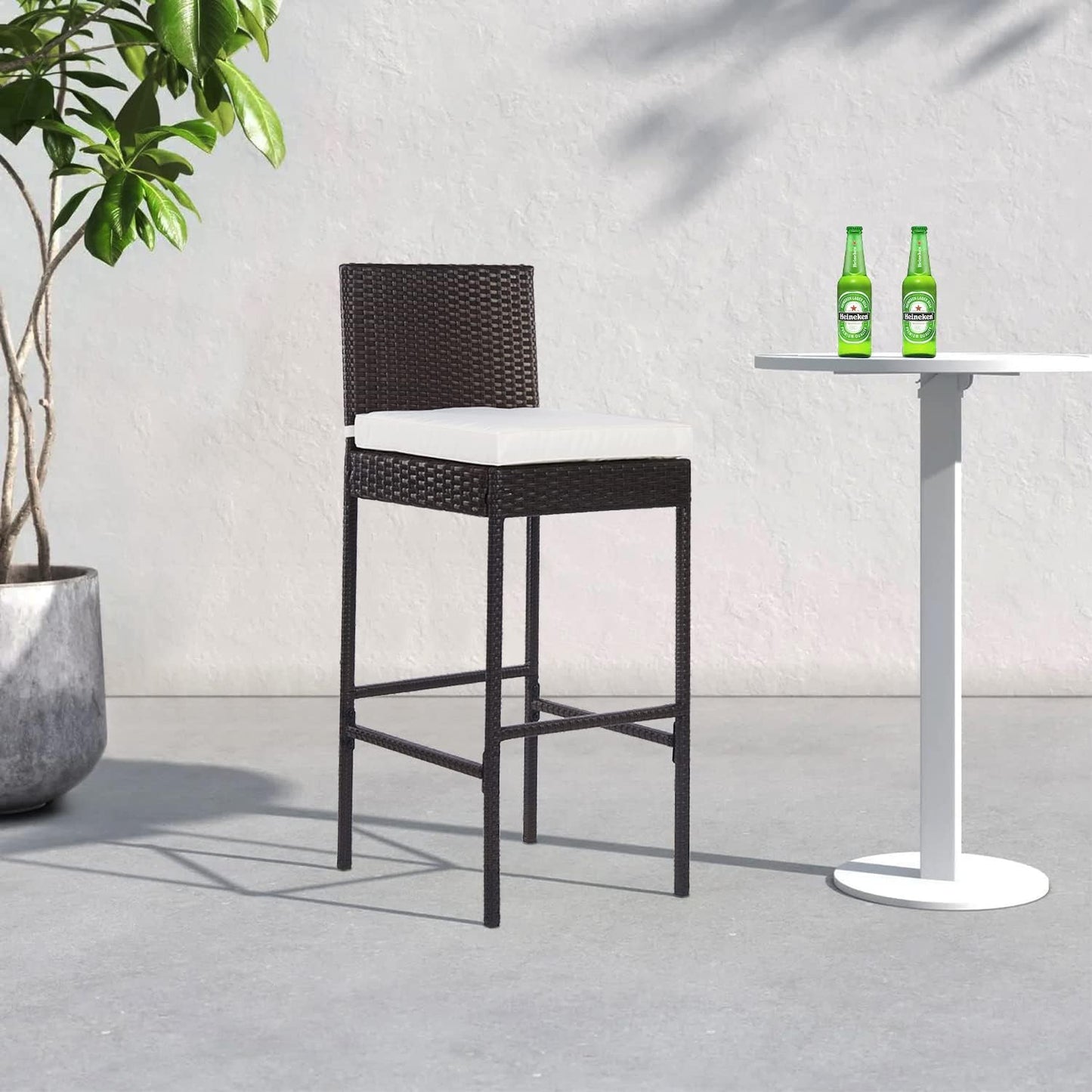 PayLessHere Rattan Bar Stools - Set of 2 Outdoor Wicker Chairs with Backrest & Cushion, Brown