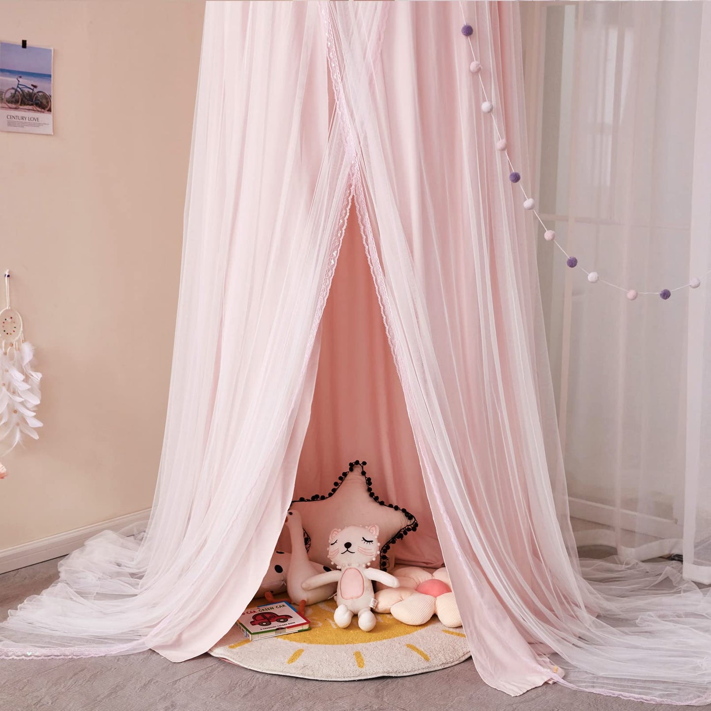 Kertnic Large Dome Bed Canopy for Kids Room Double Layer Mosquito Net, Hanging Play Tent Children Reading Nook Canopies, Princess Castle Dreamy Bedding for Girls Room House Décor (Beige Pink)