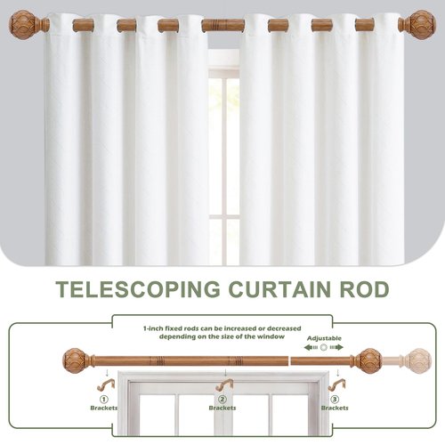 HTZON 2 Pack Wood Curtain Rods 48 to 84 Inch,1 Inch Adjustable Curtain Rod,Netted Texture Window Curtains Rods,Farmhouse Rustic Heavy Duty Curtain Rods,Brown Wood Grain Decorative Drapery Rods 36-88"