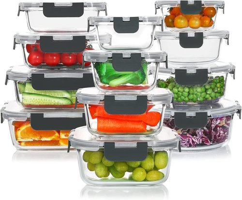 KOMUEE Glass Food Storage Containers Set - 24 Stackable Airtight Meal Prep Containers | Microwave & Oven Safe, Gray