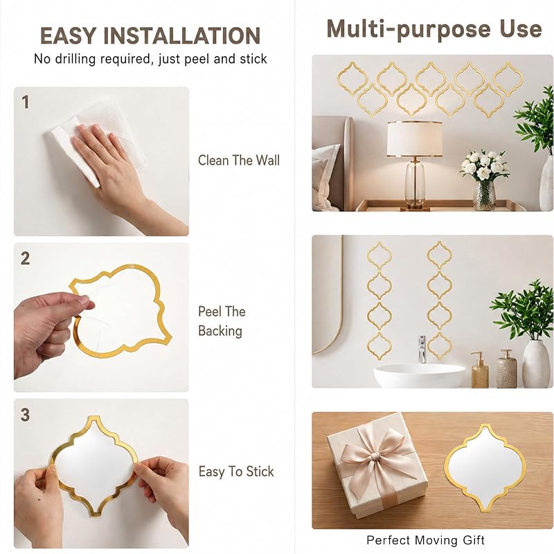 12-Piece Acrylic Mirror Tile Set for Wall Decor - Self-Adhesive Gold Diamonds