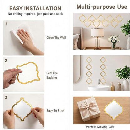 12-Piece Acrylic Mirror Tile Set for Wall Decor - Self-Adhesive Gold Diamonds