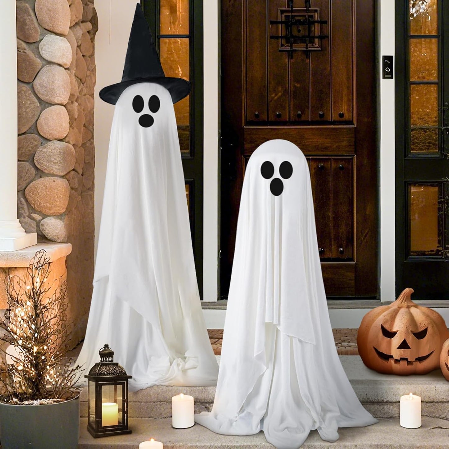 Skiennix Halloween Decorations - Light-Up Spooky Ghosts with LED Strip & Witch Hats | 2 Large Indoor/Outdoor Decor