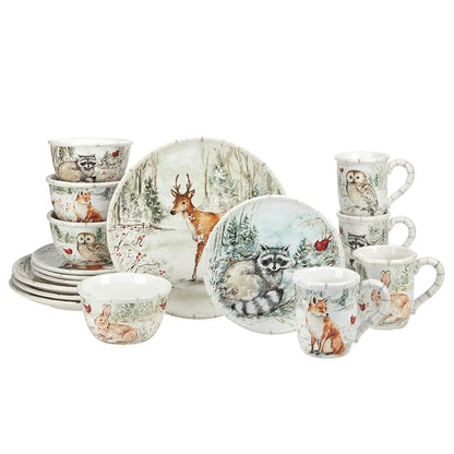 Winter’s Walk 16-Piece Ceramic Dinnerware Set for 4 | Handpainted Forest Animals