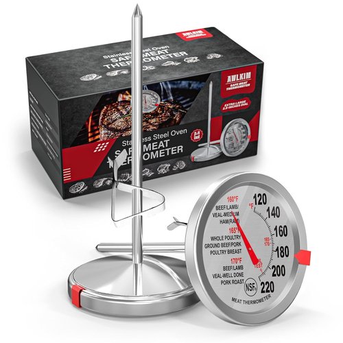 AWLKIM Stainless Steel Meat Thermometer - Safe Leave-In Oven Probe with 2.5-Inch Extra-Large Dial - Silver