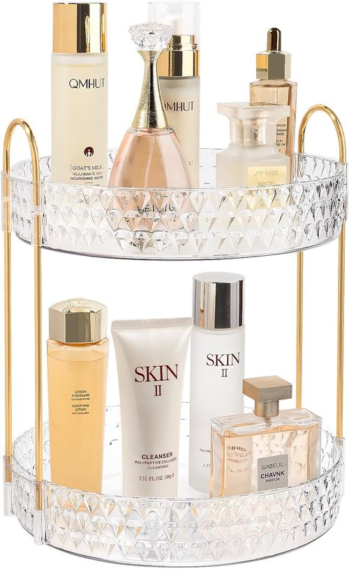 **Rotating Makeup Organizer - 2 Tier Perfume & Skincare Storage for Women | 360 Spinning Clear Design**