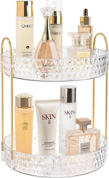 **Rotating Makeup Organizer - 2 Tier Perfume & Skincare Storage for Women | 360 Spinning Clear Design**